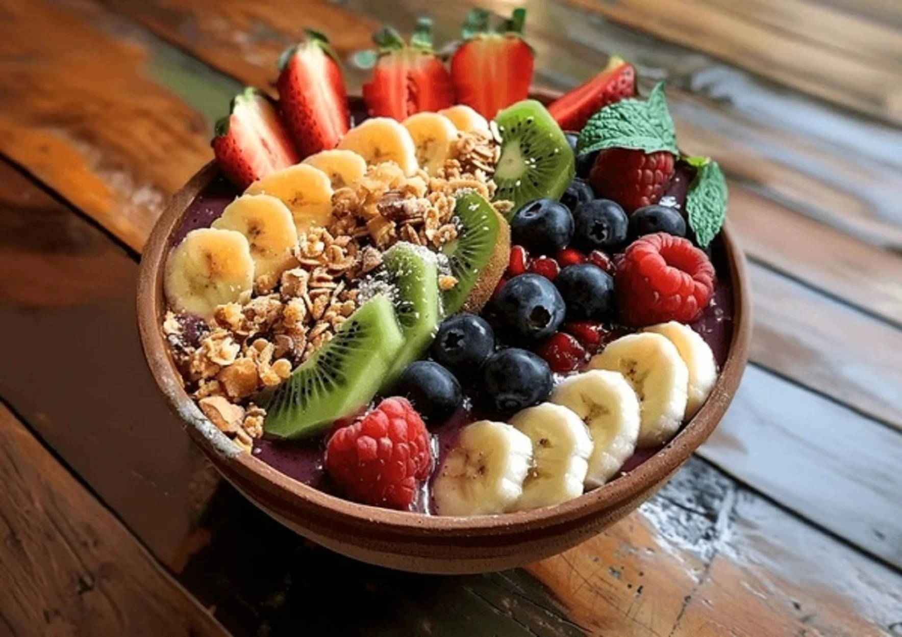 MEYVE ŞÖLENİ BALLI BOWL ( Muz, çilek, kivi, yaban mersini, seçeceğiniz yoğurt, ballı granola, chia tohumu, yulaf ezmesi, fındık, Hindistan cevizi )