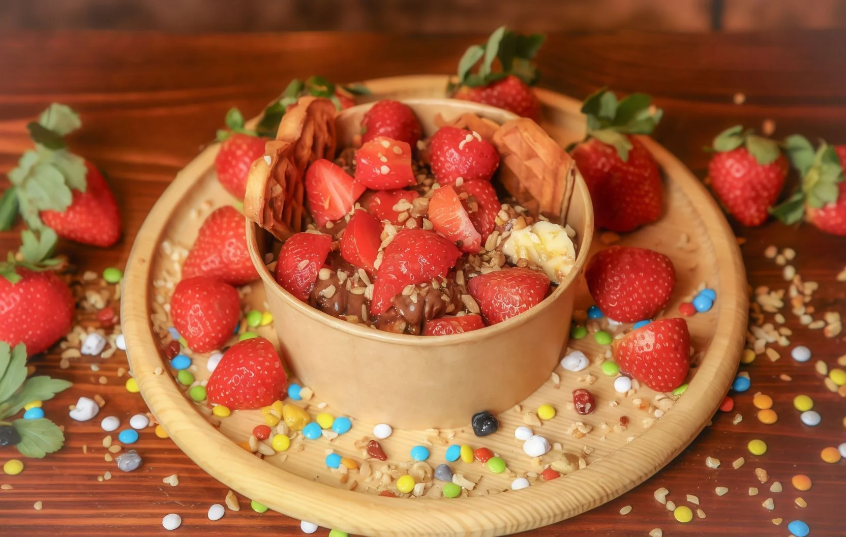 ÇİLEKLİ BOWL ( Çilek, özel hamur parçacıkları, sütlü çikolata, fındık